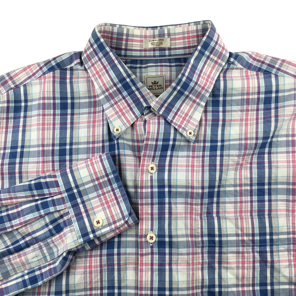 Peter Millar Button Down Shirt Mens XL Blue Pink Plaid Long Sleeve Cotton
